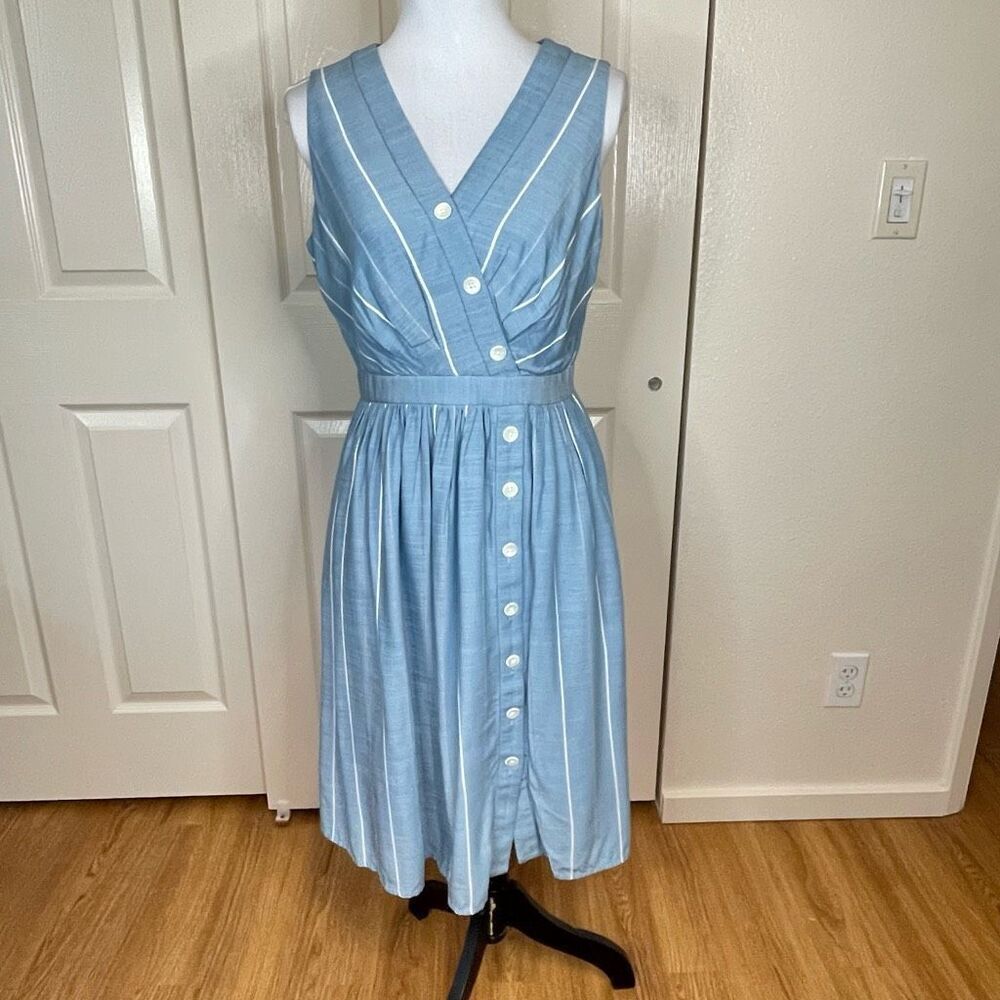 Gal Meets Glam Collection Button Front Surplice Dress Blue With White Stripes Si - Picture 13 of 14